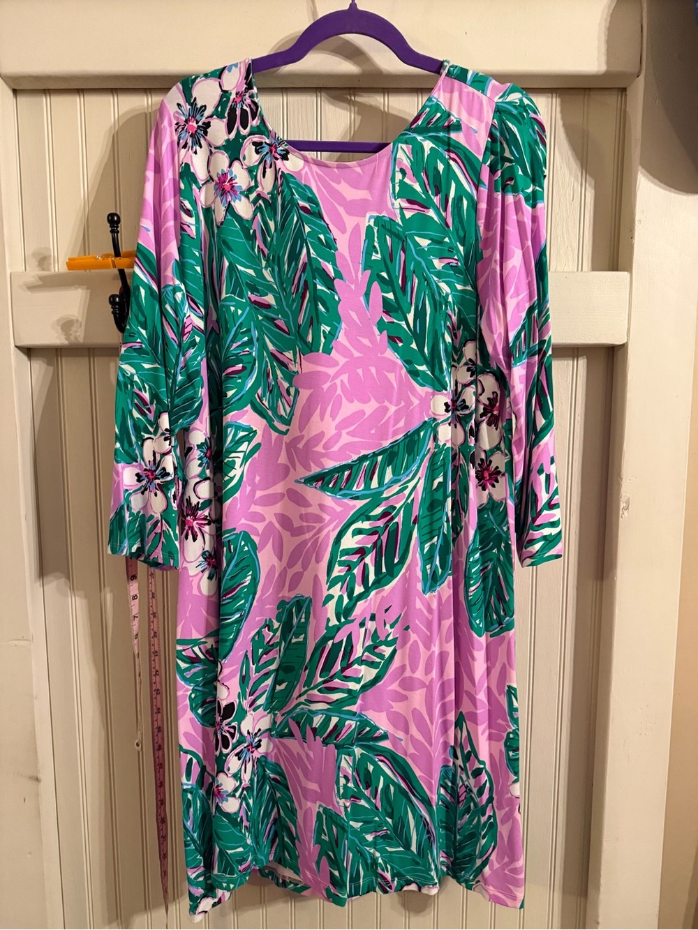 Lilly Pulitzer Ophelia Swing Dress.  Pink  Dress with Green Tropical Leaf print